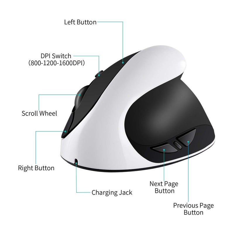 AURTEC Vertical Mouse, Rechargeable 2.4G Wireless Ergonomic Mice with USB Receiver, 6 Buttons and 3 Adjustable DPI 800/1200/1600, White - Image 5